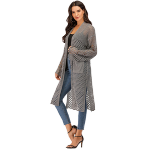 Amzn AE fb eb tiktok oem Usine en gros femmes <span class=keywords><strong>ajouré</strong></span> creux tricoté <span class=keywords><strong>cardigan</strong></span> couleur uni long pull cardigans - Product Image 5