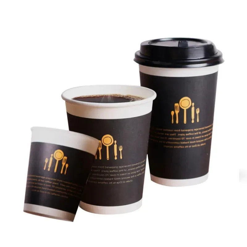 Gold foil stamping black coffee cup disposable takeaway new product ideas double wall paper cups with lid for juice