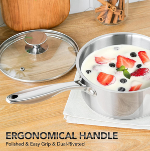 Casserole de haute qualité, compatible lave-vaisselle, en acier inoxydable triple couche, design américain, casserole à lait, casserole avec couvercle en verre - Product Image 2