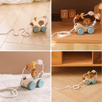 Juguete de madera multifuncional de gran venta: Carrito pequeño con león, cuentas giratorias y cuerda para tirar, juguete para el desarrollo de la manualidad y la inteligencia.