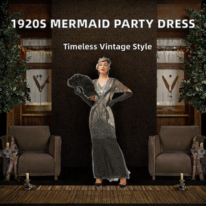 1920s Evening Prom Women V-neck Flare Sleeve Mermaid Sheath Floor-Length Natural Mesh Glitter <b>Sequin</b> Beaded Formal Party Gown - Product Image 2