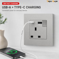 Enchufe de Pared Industrial Gris UK 13A con USB Tipo C de Carga Rápida de 18W, Enchufe Universal de 4 Tomas, Panel de Interruptores de Luz para PC