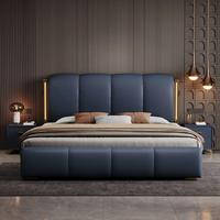 Lit king-size italien blanc éclairé, cadre réglable, style minimaliste, en bois de pin, avec rangement, revêtement en cuir luxueux, haut de gamme