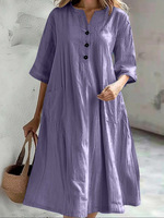 Robe mi-longue décontractée en coton et lin à col en V et demi-manches, style basique, trois boutons, pour femme, transfrontalière Europe-Amérique