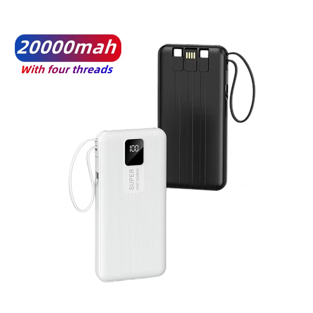 Factory Price Large Capacity Portable Power Bank 10000/20000mAh Smart LCD Display Charger With 4 Charging Cable and Flashlight