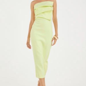 Vestido Midi Verde Esculpido con Cuello Bandeau, Estilo Bohemio Casual, Tejido con Estampado, Largo Maxi con Cintura Elástica para Todas las Temporadas - Product Image 1