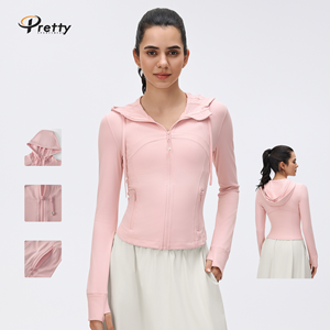 Vêtements pour femmes, nouvelle collection printemps, style <span class=keywords><strong>LuLu</strong></span>, veste courte à capuche avec cordon de serrage, coupe ajustée, vêtements de sport personnalisés avec poches - Product Image 1