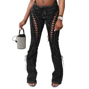 Jeans da <span class=keywords><strong>Donna</strong></span> Stile Americano Elasticizzati Versatili con Bordi Sfrangiati e Lacci Nuovi Slim Fit Sexy Trendy Vendita Calda - Product Image 5