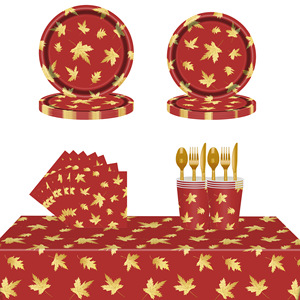 Ensemble de vaisselle jetable pour fête sur le thème des feuilles d'érable d'automne, assiettes, gobelets, serviettes, couverts, mariage, fête du Nouvel An, style élégant - Product Image 1