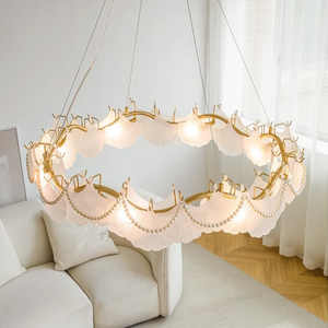 Luminaire suspendu en forme d'anneau en verre nacré style crème blanc chaud, design luxueux, pour chambre à coucher et salle à manger - Product Image 4