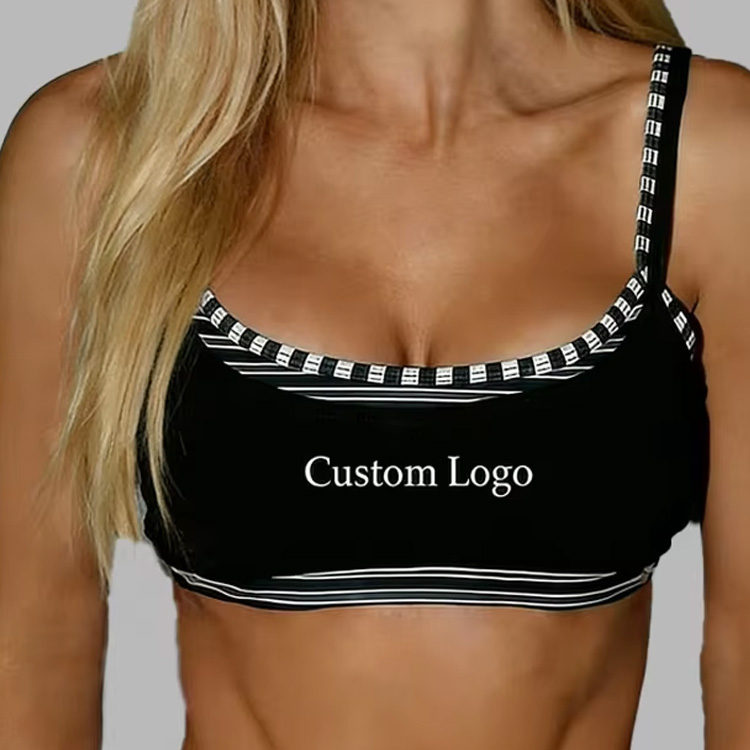Striped Contrast Binding 2 in 1Super Softer Adjustable Straps Scoop Neck Double Layer Pilates Recycled Fabric Women Yoga Bra