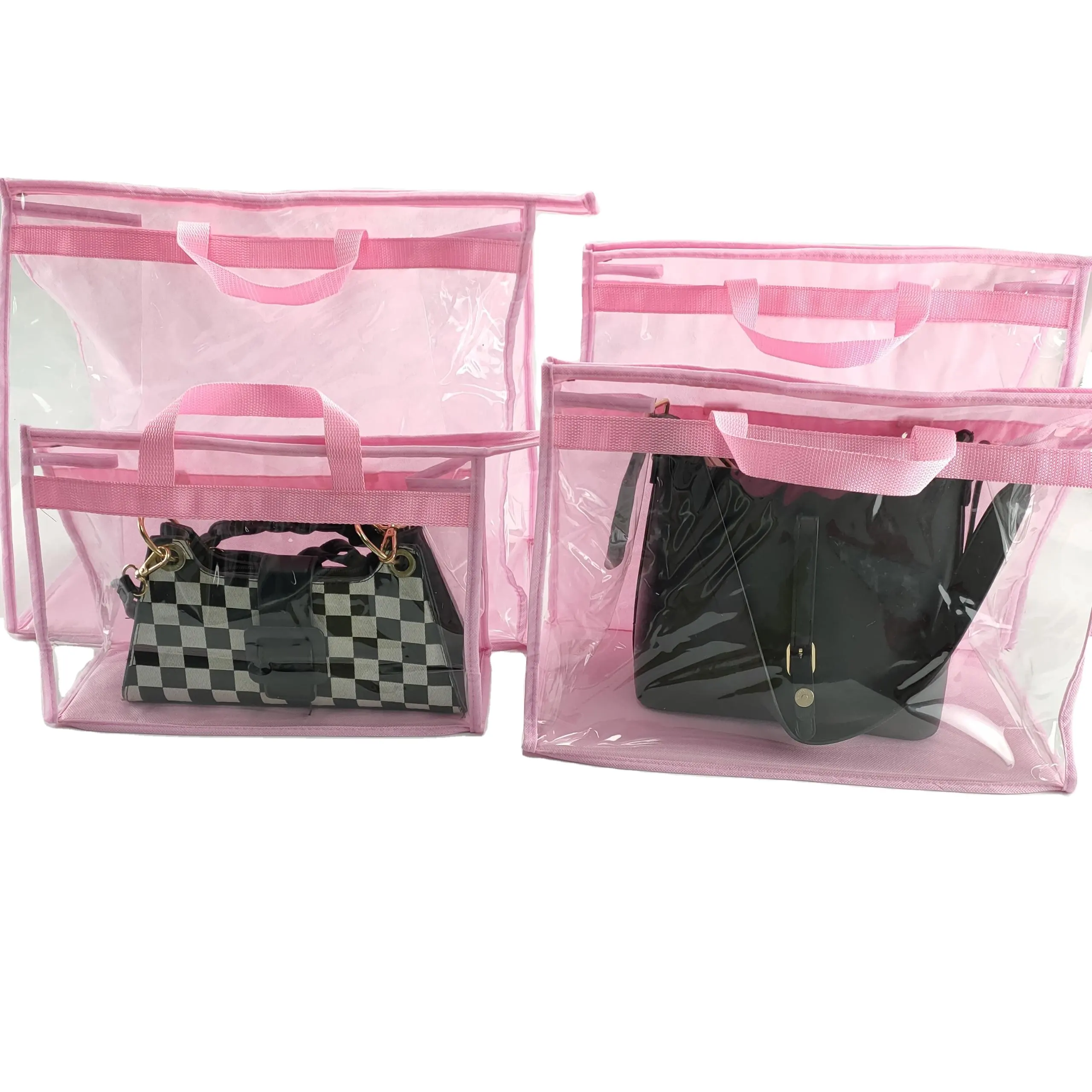 Borsa Tote da donna in Stock rosa borse portaoggetti da appendere in PVC + tessuto Non tessuto antipolvere impermeabile con borsa a mano con finestra trasparente