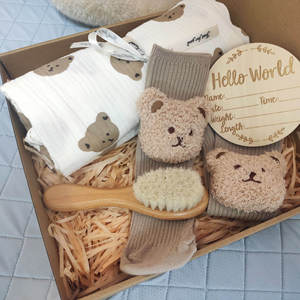 Set regalo personalizzato con stampa dell'orso <span class=keywords><strong>Baby</strong></span> Shower in cotone avvolgente Set regalo di mussola per neonati - Product Image 3