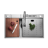 Évier de cuisine de luxe en acier inoxydable à trois trous, cuve unique avec robinet, design moderne, affichage numérique de la température de l'eau en cascade, haute technologie