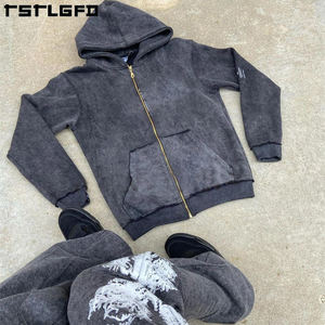 Conjunto de Sudadera con capucha de lavado ácido y cremallera desgastada vintage unisex para hombre de 100% algodón de gran tamaño con forro polar pesado y logotipo personalizado - Product Image 1