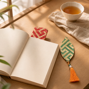 Marque-page en bambou tissé à la main avec pompon, cadeau de lecture en sergé, décoration de papeterie artisanale, vente en gros OEM, marque-page tissé - Product Image 2