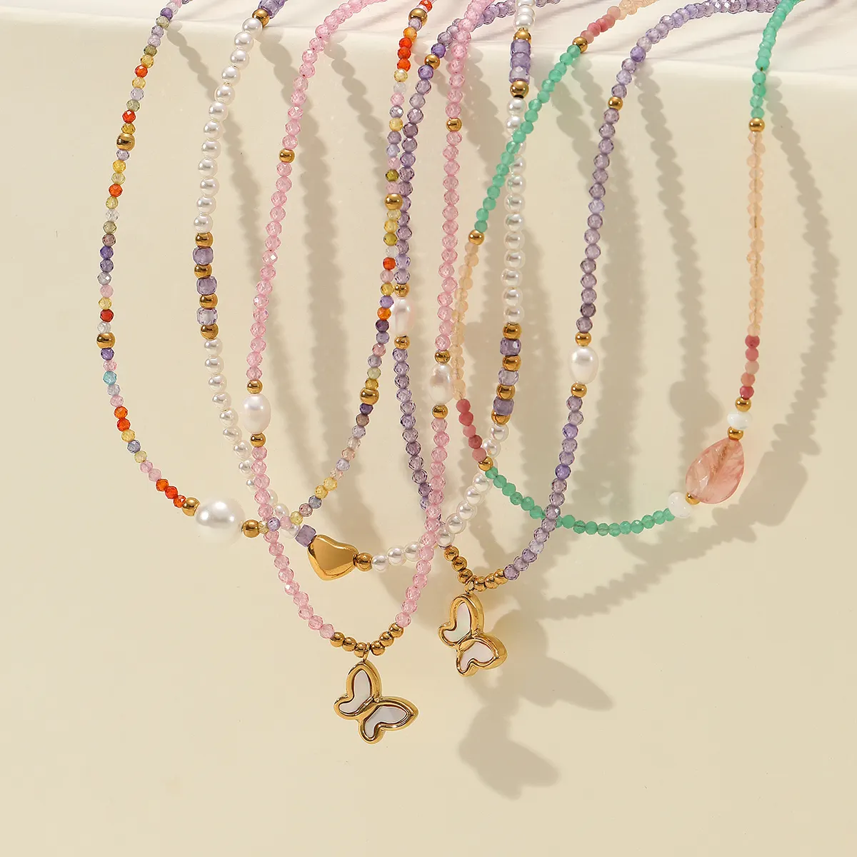Europäischer amerikanischer Stil Luxus handgefertigt Naturstein Kristall Perle Perlenkette Anhänger Halsketten Edelstahl-Schmuck Geschenk