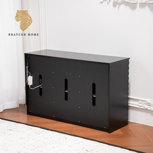 Mobiletto Modulare <span class=keywords><strong>Vintage</strong></span> in Legno con Ante in Vetro e Tessuto, Credenza Bicolore Estensibile, Porta TV per Soggiorno - Product Image 3