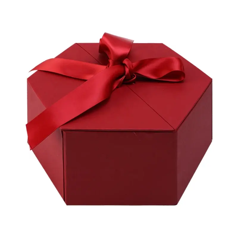 กล่องของขวัญแข็งพร้อมริบบิ้นโบว์กล่องกระดาษแข็งสีชมพูสีแดงไม่พับเก็บได้ขนาดเล็กผลิตในประเทศจีน