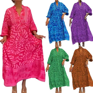 Vestido largo maxi elegante e informal con estampado y cuello en V, estilo europeo americano, nueva colección de primavera, talla grande, suave, para mujer. - Product Image 1