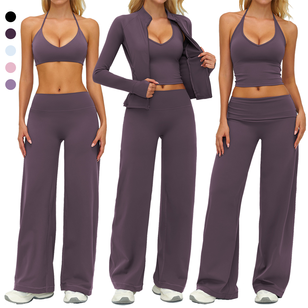 Outdoor Sports Jacket Slim Fit tank Tops Backless Sport Bra Flare Baggy Pants Yoga Clothing Sets2026