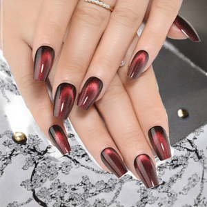 CANNY CLUB Faux Ongles à Presser <span class=keywords><strong>Rouge</strong></span> Bourgogne Profond Effet Œil de Chat Forme Cercueil Carré Longueur Moyenne Sans Colle Acrylique Réutilisables Printemps Été - Product Image 3