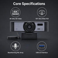 Caméra USB 3.0 4K UHD avec suivi humain par IA pour systèmes de visioconférence réseau/audio/vidéo, utilisation PC/ordinateur portable, microphone intégré