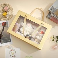 Caja de Regalo Plegable Dorada con Ventana Transparente, Cinta de Satén Integrada, Fácil de Montar, Empaque Rígido