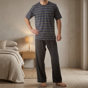 Ensemble de pyjama long en tissu tricoté en jersey teint en fil de coton 100% pour homme-Vêtements de nuit confortables - Product Image 2