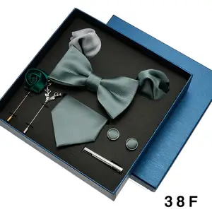 Luxury Champagne Men Ties And Hanky Set Silk Bowtie Brooches Necktie Tie Set For Men Plain Accessories