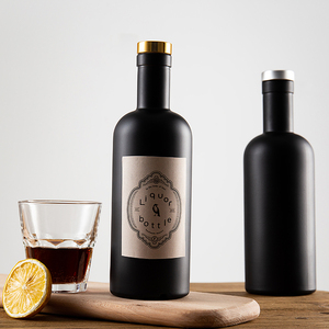 空のラウンドハイフリント375ML 500ML 750MLマットブラックアスペクトガラスボトル木製コルク付きリキュールウイスキー用 - Product Image 3