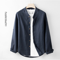 Chemise décontractée homme col mandarin en lin et coton, coupe ajustée, manches longues, style chinois, couleur unie, style fin, printemps/été