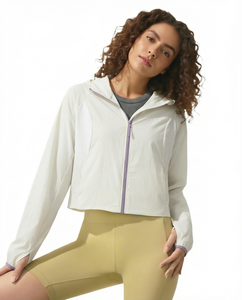 <b>Women</b> <b>Lightweight</b> Cropped Hooded Racer <b>Jacket</b> Zip Up Long Sleeve Windproof Solid Color Outerwear for <b>Summer</b> Casual Wear - Product Image 1