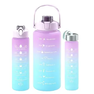 64 oz botellas de agua 3 en 1 Hotsale Gran capacidad medio galón Color degradado 3 en 1 Set Gimnasio Botella de agua motivacional