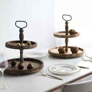 Wooden Tiered Dessert Stand Double Layer With Handle For Kitchen Serving <b>Trays</b> Decorative Display Rack - Product Image 2