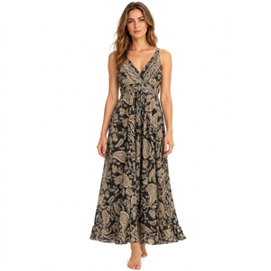 Wholesale Boho Paisley <b>Silk</b> Maxi <b>Dress</b> Women V Neck Backless A Line <b>Summer</b> Beach Vacation <b>Dress</b> - Product Image 1