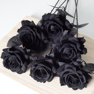 Artificial Flower Decorative Handmade Green Plant Pure Black Rose Bouquet Dark Gothic Flannel Silk <strong>Flo</strong> - Product Image 5