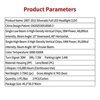Phare LED complet compatible avec Chevy Silverado 1500 2500HD 3500HD 2500 2007-2014, projecteur 6 lentilles IP67
