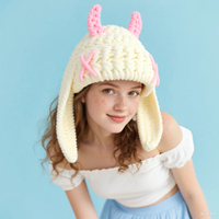 Bonnet tricoté mignon et amusant en forme de petit diable à longues oreilles, protection auditive chaude pour l'automne et l'hiver, fait main, avec cornes de vache