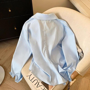 Chemises élégantes pour femmes de style britannique RNSHANGER, <span class=keywords><strong>bleu</strong></span> et blanc, printemps, irrégulières, amples, polyvalentes, haut de chemise, vêtements de travail tendance - Product Image 5