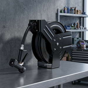 Industrial Grade Black Steel Hose Reel, Retractable Auto Rewind Water/Air Hose Reel with High Pressure <b>Spray</b> Gun for Garage - Product Image 1