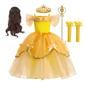 Meisjes Gele Belle Prinses Kostuums Pruiken Kerst Halloween Verjaardag Rollenspel Cosplay Carnaval Verkleden Voor Klein Meisje