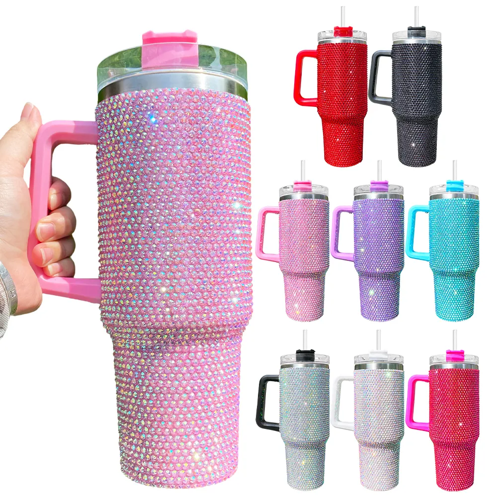 Diamond double wall Stainless Steel vacuum insulated rhinestone Studded Bling 40 oz bling Tumbler Mug with Handle and Straw