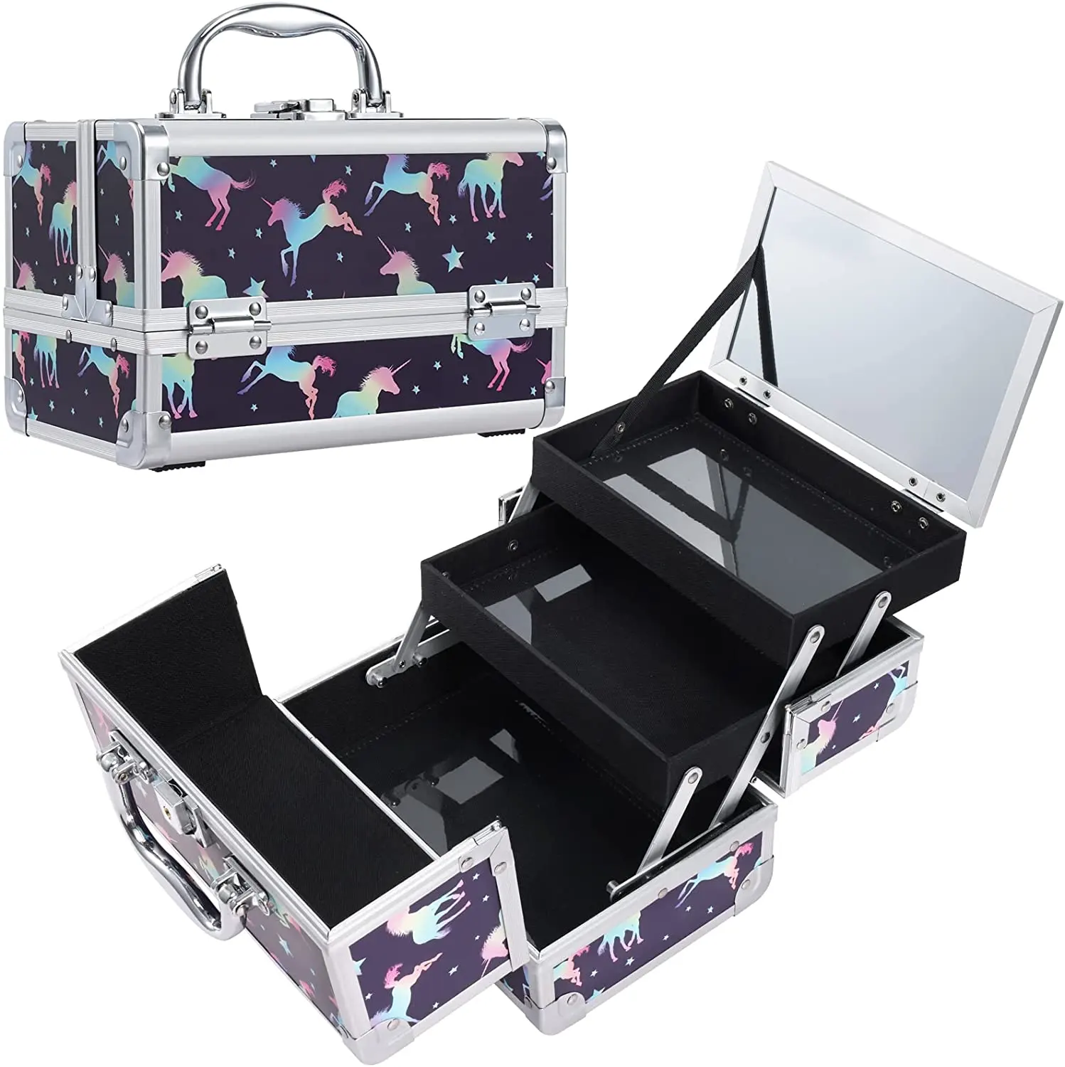 Boîte de rangement Portable pour maquillage, 2 plateaux verrouillables avec des clés, miroir, grand étui de rangement Portable
