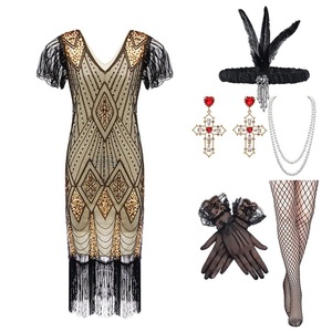 Retro 1920s <b>Sequined</b> Dress With Tassels V-Neck Plus Size Gatsby Set For Dance Club Wear - Product Image 4