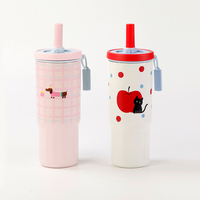 Gobelet isotherme réutilisable en acier inoxydable 304 de 580 ml, design animal mignon, avec couvercle à paille et anneau de transport, OEM&ODM