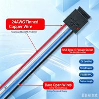 LN-009 Conector de Extensión USB-C Hembra de 2, 4 Pines, 24AWG, 15CM, Tipo C, Material de PVC de Calidad