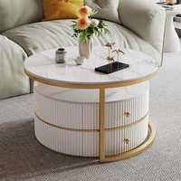 Table basse ronde haut de gamme avec plateau en pierre, ensemble de table basse en bois luxueux pour salon avec 2 tiroirs, table basse moderne