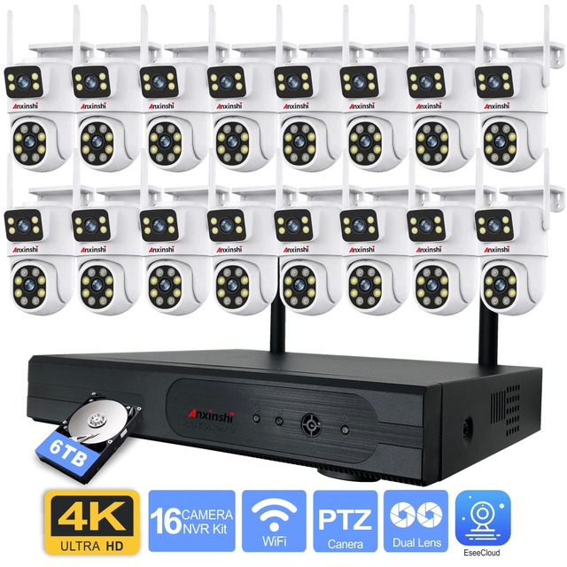 16Channels Wireless Security Camera System 7/24 Full Color Recording Two Way Audio Pan Smart WifiCamera with 6TB HDD Support P2P