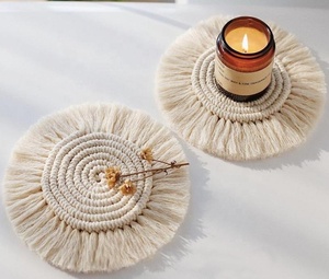 <b>Round</b> Cotton Crocheted Placemat Handmade Bohemian Style Solid Color Thick Fringe Edge Home Decor - Product Image 2